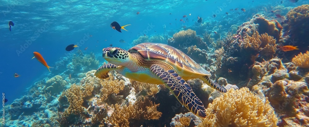 Sea Turtle Swimming Through Vibrant Coral Reef Sea Turtle Swimming Through Vibrant Coral Reef