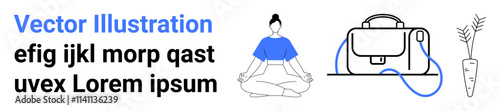 Calm woman practicing yoga meditation, stylish handbag with an attached cable, and a potted plant. Ideal for wellness, lifestyle blogs, mindfulness apps, fashion websites, online stores, health