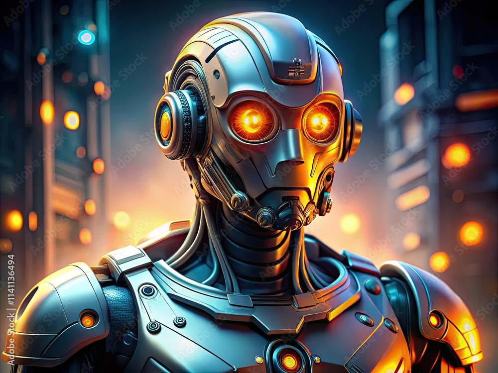 Cyberpunk robot art: a digital painting showcases a futuristic design, its orange eyes glowing with AI. Cyberpunk robot art: a digital painting showcases a futuristic design, its orange eyes glowing with AI.