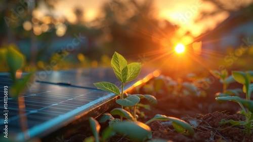 Sustainable solar energy harvest in a blooming garden landscape at sunrise  A solar panel installed amidst lush greenery and vibrant plant life capturing the power of the sun s renewable energy beams photo