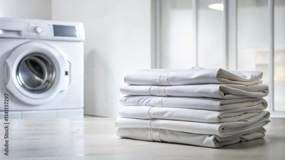 Stack of clean bedding sheets in laundry room background, bedding, sheets, laundry room, clean, stack, folded, neat, household Stack of clean bedding sheets in laundry room background, bedding, sheets, laundry room, clean, stack, folded, neat, household