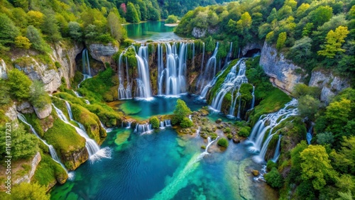 Aerial view of the Zarecki krov waterfall in River Pazincica, Croatia, waterfall, Zarecki krov, aerial view, River Pazincica photo