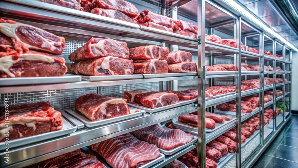 Close-up of various meat cuts arranged neatly on shelves inside a commercial freezing room Close-up of various meat cuts arranged neatly on shelves inside a commercial freezing room