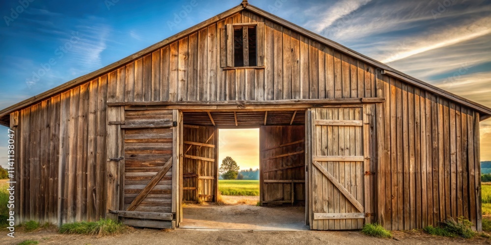 Fototapeta premium Rustic barn with open door, showcasing a glimpse of the interior, barn, rustic, door, open, wooden, farm, countryside