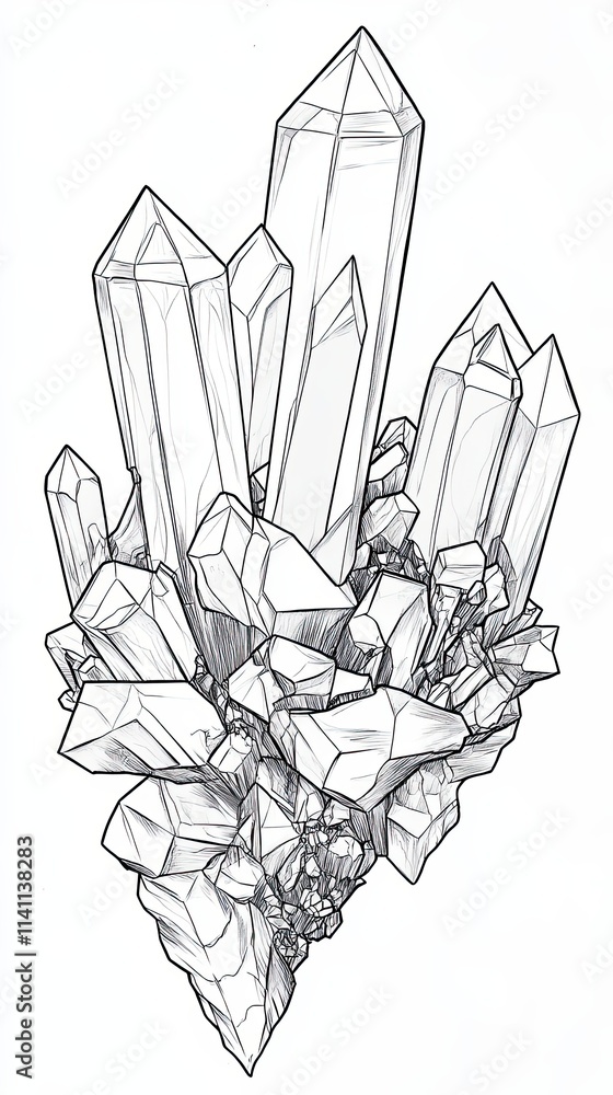 A Detailed Line Drawing of Crystalline Quartz Clusters A Detailed Line Drawing of Crystalline Quartz Clusters