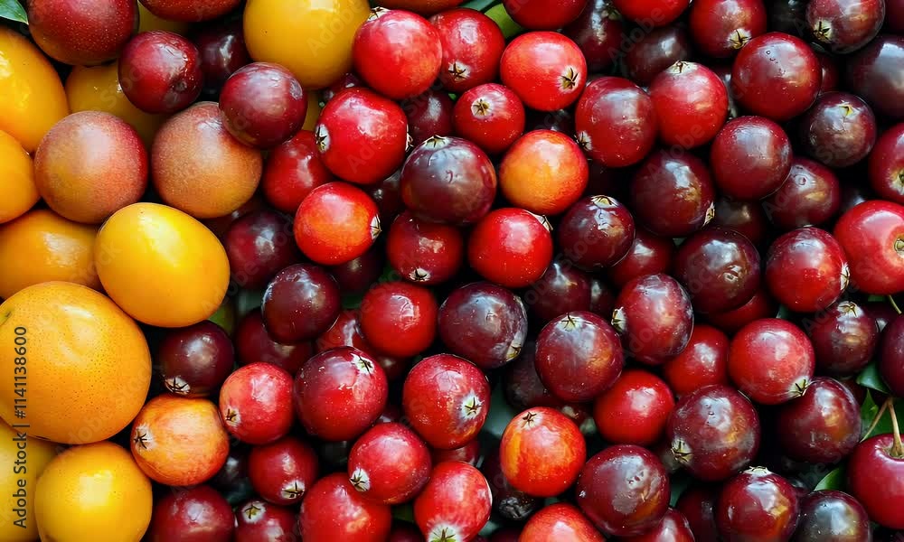 A vibrant assortment of red and yellow fruits displayed together. A vibrant assortment of red and yellow fruits displayed together.