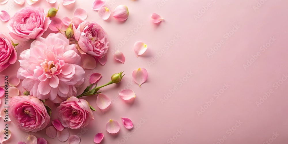 Romantic concept of love, beautifully crafted with pink flowers and petals on a soft light pink background Romantic concept of love, beautifully crafted with pink flowers and petals on a soft light pink background