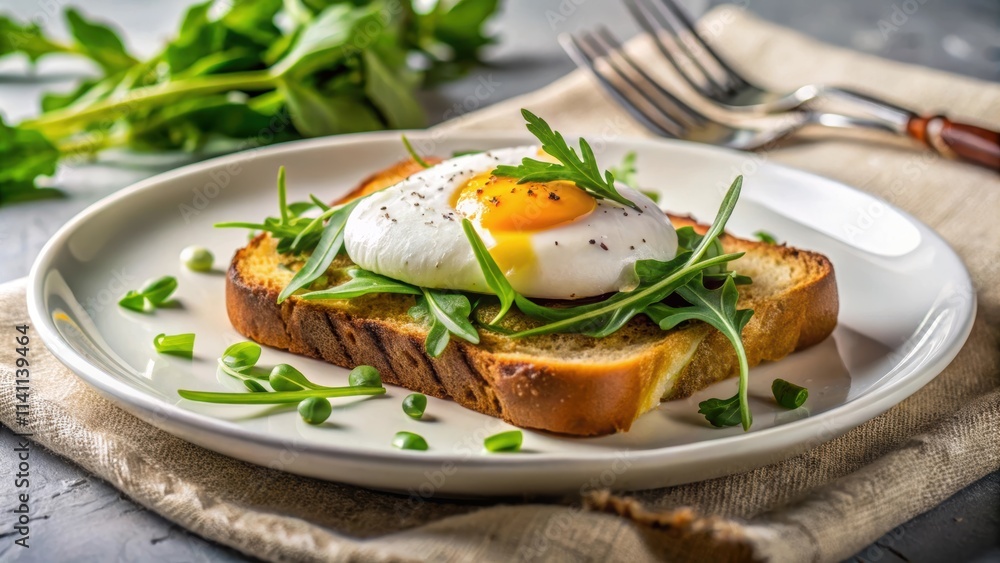 Fried toast with arugula and poached egg on a white plate, food, breakfast, gourmet, delicious, brunch, appetizer