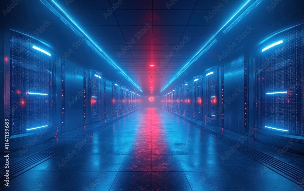 Futuristic Cyberpunk Data Center Corridor with Neon Lighting and Sleek Glass Walls Futuristic Cyberpunk Data Center Corridor with Neon Lighting and Sleek Glass Walls