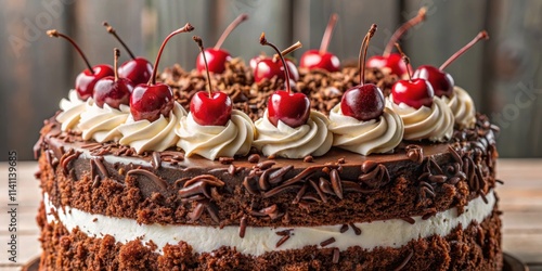 Delicious Black Forest cake topped with juicy cherries and chocolate shavings, dessert, cake, sweet, chocolate