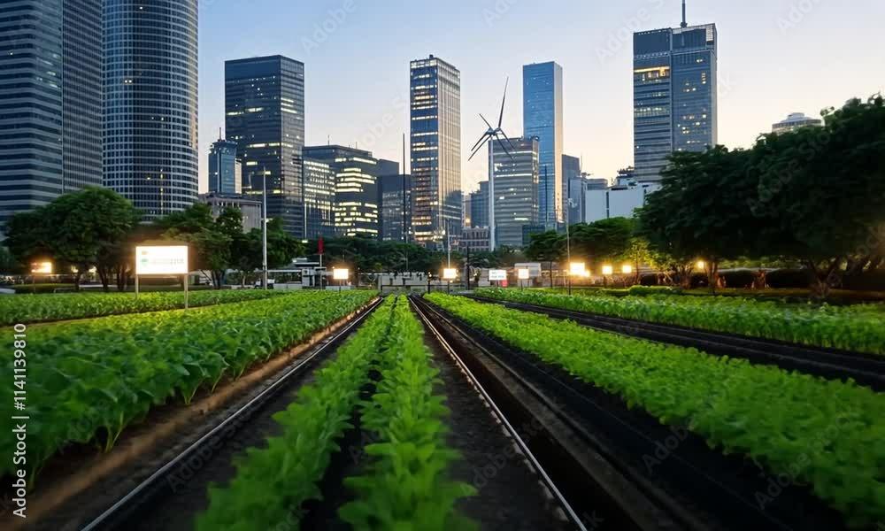 Urban farm with skyscrapers in the background at dusk. Urban farm with skyscrapers in the background at dusk.