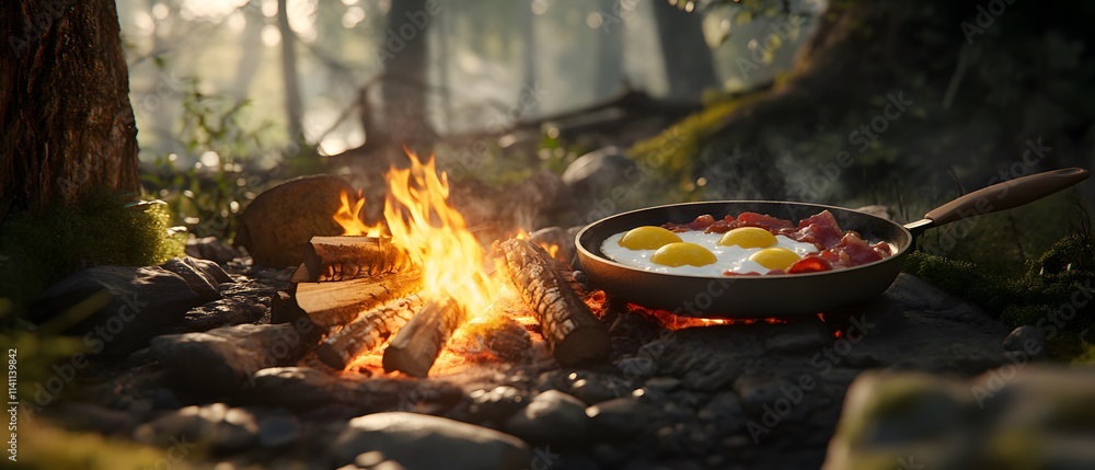 A skillet with eggs and bacon cooking over a campfire in a serene forest setting.