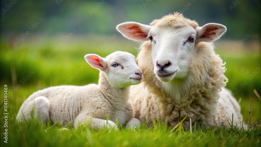 A fluffy white lamb snuggling up to its mother sheep in a green meadow , sheep, lamb, cute, animals, farm, wool A fluffy white lamb snuggling up to its mother sheep in a green meadow , sheep, lamb, cute, animals, farm, wool