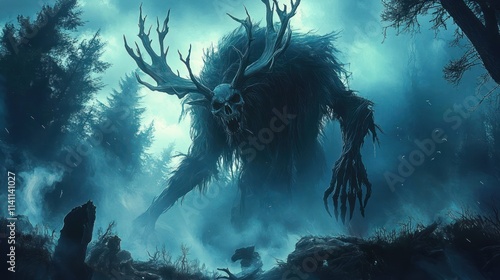 Eerie Antlered Creature in Dark Forest Horror Fantasy