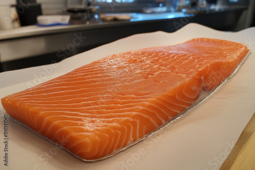 Fresh salmon steak on white surface, showcasing its vibrant orange color and natural texture, perfect for culinary dishes photo