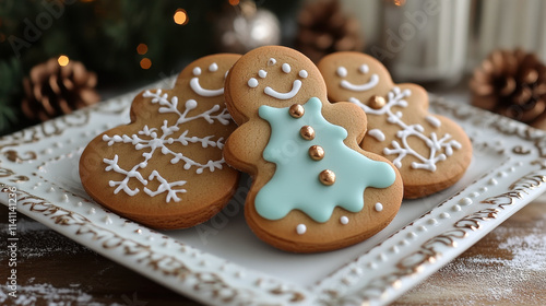 Gingerbread cookies decorated for Christmas season, featuring cheerful designs and festive colors. Perfect for holiday celebrations and gatherings photo