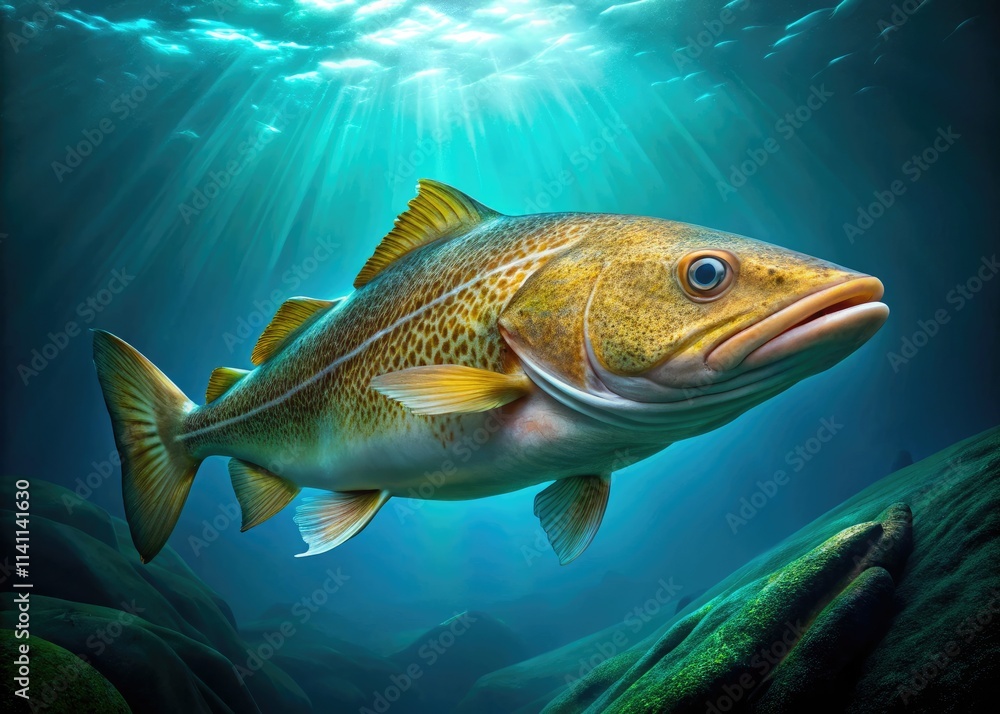 Deep ocean encounter: a stunning high-resolution image reveals intricate details of an Atlantic cod's submerged world. Deep ocean encounter: a stunning high-resolution image reveals intricate details of an Atlantic cod's submerged world.