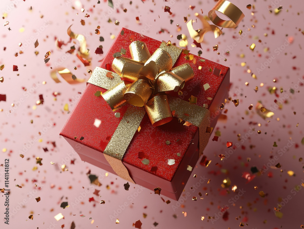 vibrant red gift box adorned with golden ribbon, surrounded by colorful confetti and streamers, creating festive atmosphere perfect for celebrations vibrant red gift box adorned with golden ribbon, surrounded by colorful confetti and streamers, creating festive atmosphere perfect for celebrations