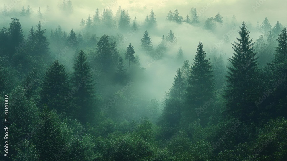 Tranquil Morning Mist in Green Forest Landscape Tranquil Morning Mist in Green Forest Landscape
