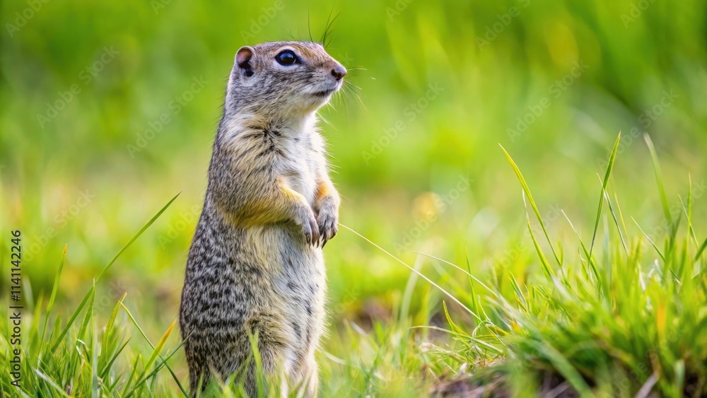Speckled ground squirrel standing on hind legs in a grassy field, souslik, spotted, wildlife, animal, rodent, nature, cute, mammal Speckled ground squirrel standing on hind legs in a grassy field, souslik, spotted, wildlife, animal, rodent, nature, cute, mammal