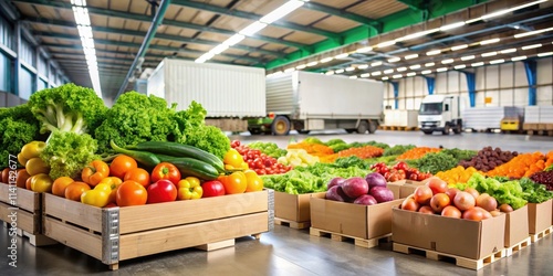 Fresh produce arriving at a busy distribution center , fruit, vegetables, shipment, delivery, truck