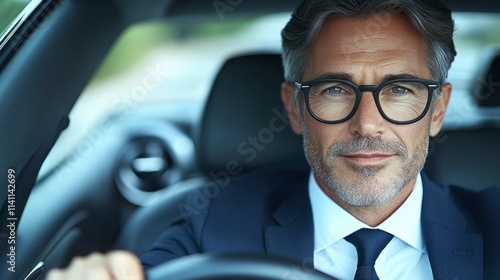 A close-up view of a businessman in the driver's seat of a car Working as a taxi driver, focused on the road, showing professionalism in the transportation industry photo