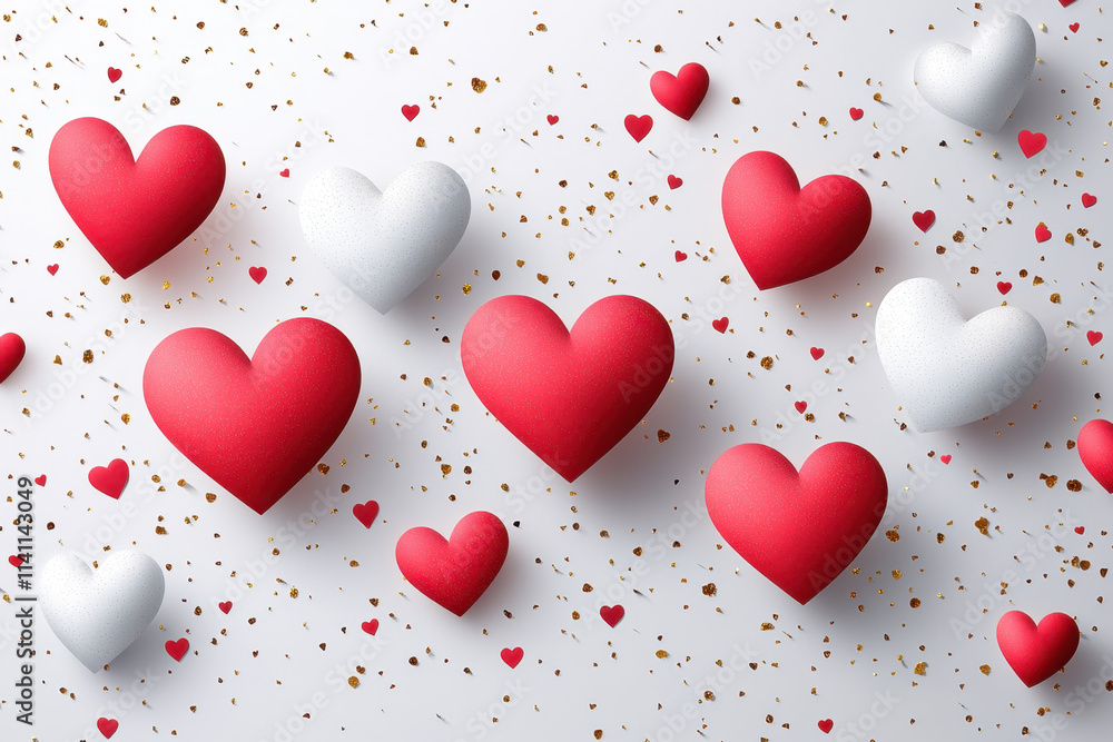 Colorful hearts in red and white scattered on white background, creating festive and romantic atmosphere. Perfect for celebrations and decorations Colorful hearts in red and white scattered on white background, creating festive and romantic atmosphere. Perfect for celebrations and decorations