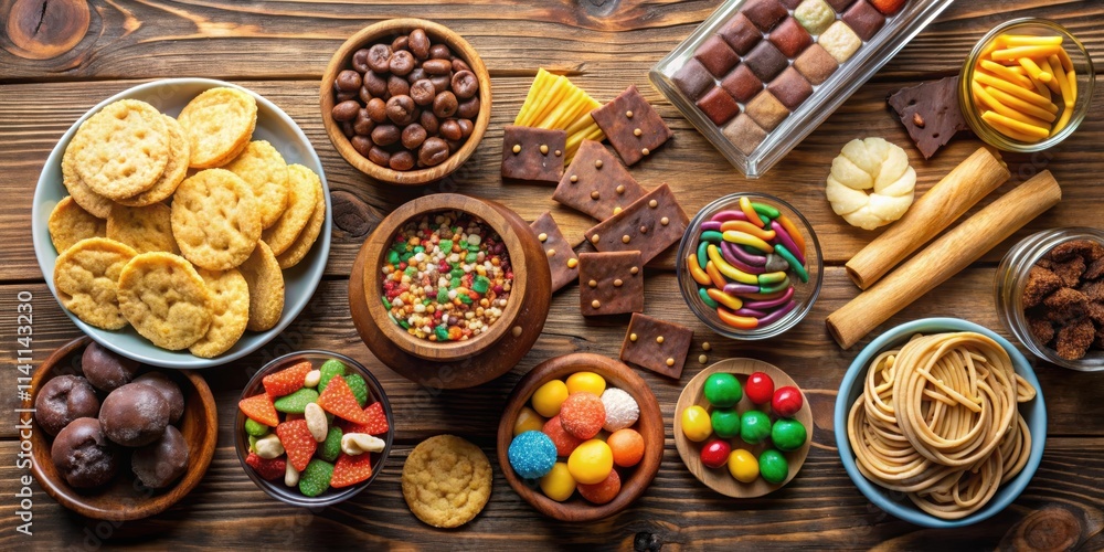 Fototapeta premium set of sweets including chocolate, cookies, candy, potato chips, and pudding, sweets, s, set, chocolate, cookies, candy