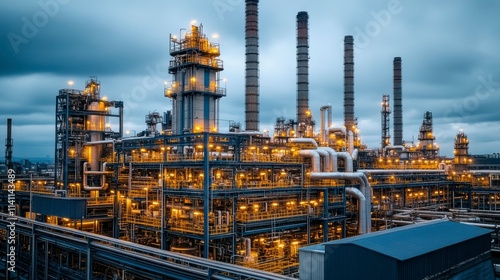 Industrial background showing a factory exterior with an intricate network of pipes and ducts surrounded by industrial buildings and looming smokestacks.