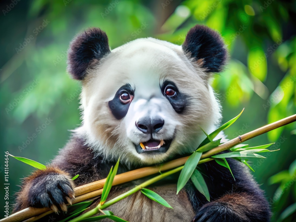 Obraz premium Cute panda portrait: engrossed in a tasty bamboo feast, captured in adorable food photography.