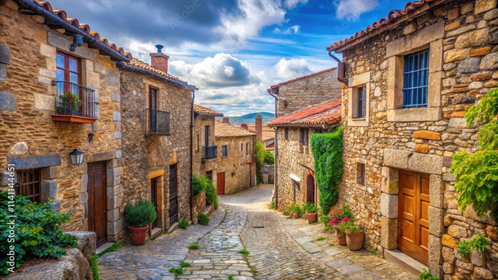 Fototapeta premium Rural village in Malpartida de Caceres, Spain with traditional stone houses and picturesque streets