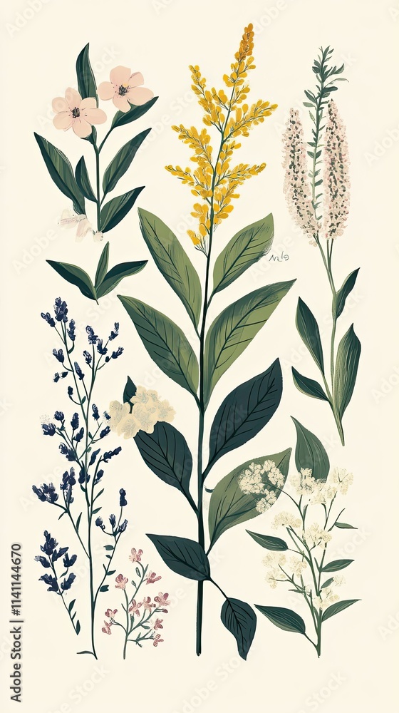 Fototapeta premium A Collection Of Various Floral Botanical Illustrations