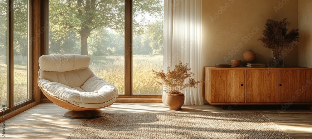 Modern cozy living room interior featuring wooden cabinet stylish armchair and potted plant in natural light Modern cozy living room interior featuring wooden cabinet stylish armchair and potted plant in natural light