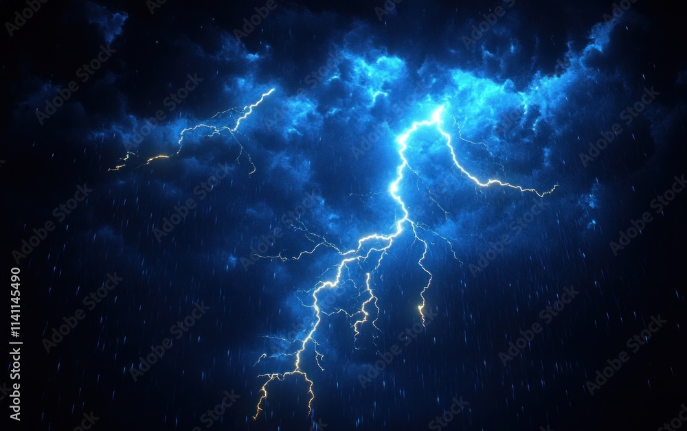 Powerful Lightning Strike in Stormy Night with Deep Blue Background and High Contrast Lighting Powerful Lightning Strike in Stormy Night with Deep Blue Background and High Contrast Lighting