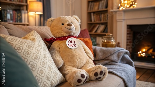 Smiling Teddy Bear with 'Out Sick' Tag in Cozy Home Setting photo