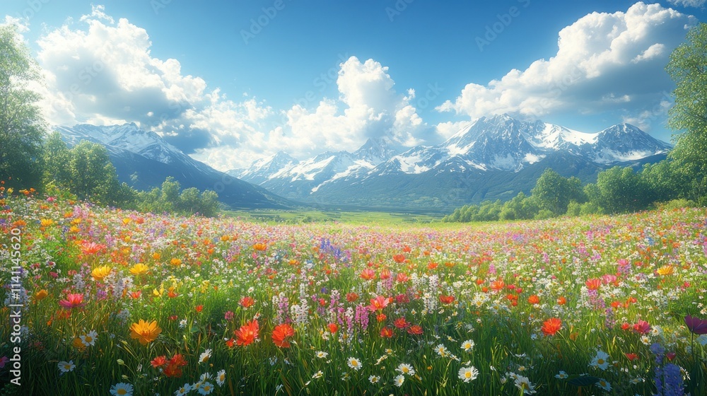 Colorful Meadow in Spring Nature Landscape 3D Illustration with Wildflowers and Mountains Colorful Meadow in Spring Nature Landscape 3D Illustration with Wildflowers and Mountains