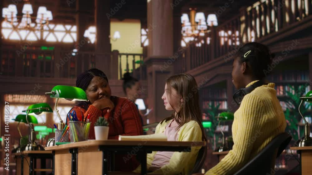 African american teacher providing instruction to diverse girls during private sessions, assisting with homework and school projects in a library. Doing tutoring activity for success. Camera B. African american teacher providing instruction to diverse girls during private sessions, assisting with homework and school projects in a library. Doing tutoring activity for success. Camera B.