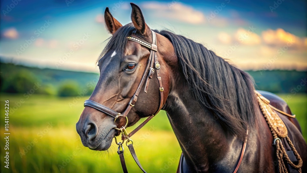Obraz premium Macro lens captures the exquisite detail of a black quarter horse mare's coat, adorned with a western saddle and bridle.