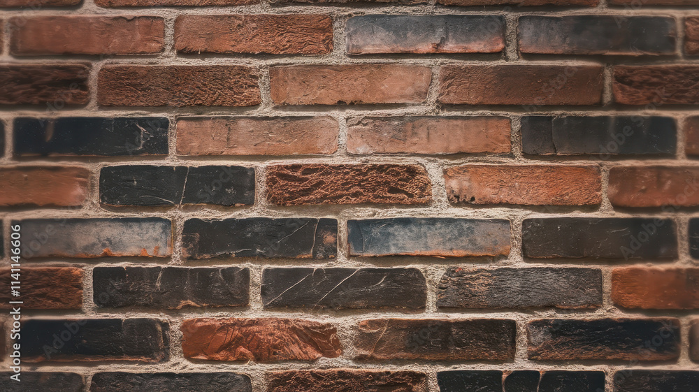 Obraz premium A textured close-up of a rustic brick wall featuring warm red and deep black hues, creating a rich and inviting backdrop.