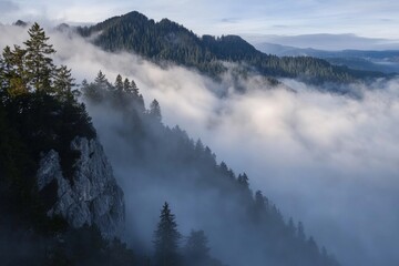 Tableau sur plexiglas  A mountain range covered in fog  © Space Priest