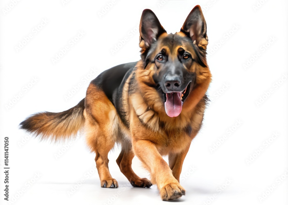 Studio-shot panoramic of a German Shepherd dog panting, isolated on a clean white backdrop. Studio-shot panoramic of a German Shepherd dog panting, isolated on a clean white backdrop.