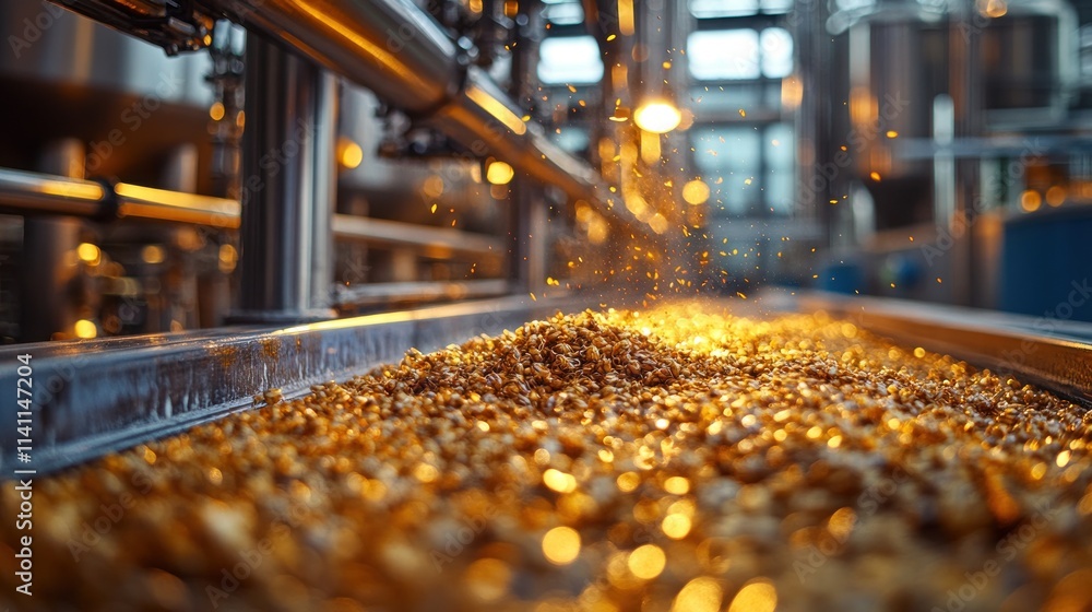 A close-up view of golden grains flowing through an industrial processing line. A close-up view of golden grains flowing through an industrial processing line.