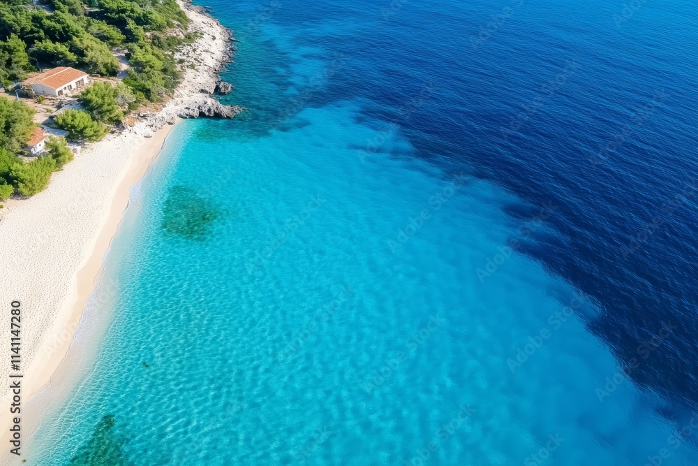 A beach with a house in the background and a body of water A beach with a house in the background and a body of water