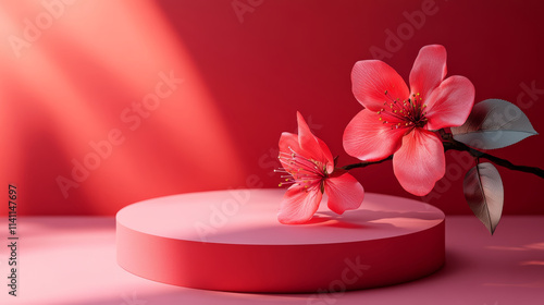 E-commerce product exhibition booth with red flower background