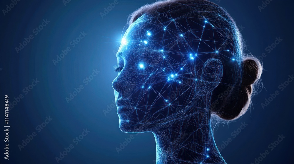 Facial recognition system. Scanning woman's face for authentication Facial recognition system. Scanning woman's face for authentication