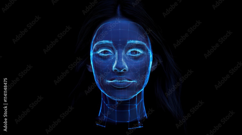 Facial recognition system. Scanning woman's face for authentication Facial recognition system. Scanning woman's face for authentication