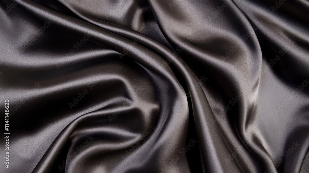 Fototapeta premium Luxurious black silk satin fabric with smooth, flowing texture, perfect for elegant designs and fashion. Ideal for creating stunning garments and accessories