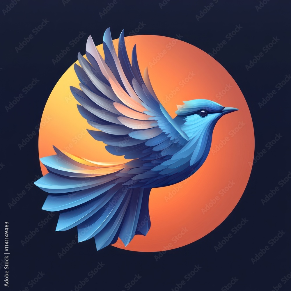 Fototapeta premium A stylized blue bird in flight against a vibrant orange circle.