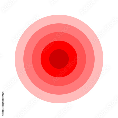 Pain localization icon. Red concentric circles. Sore, ache or inflammation symbol. Pulse, radiation or vibration sign. Shockwave, radar, sonar wave or sound signal pictogram. Vector illustration.