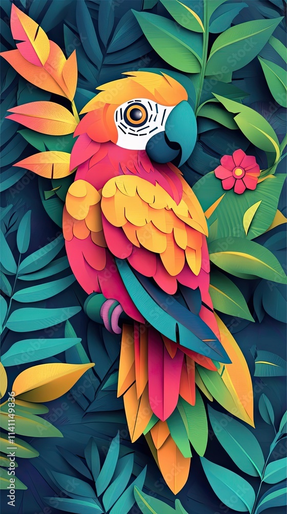Fototapeta premium Vibrant Parrot Amidst Lush Tropical Foliage